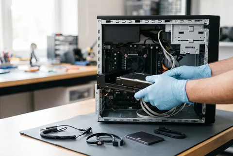 Festplatte wird zur Datenrettung aus einem geöffneten PC ausgebaut