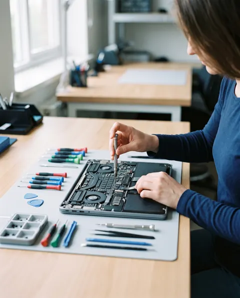 Techniker repariert einen geöffneten Laptop an einem aufgeräumten Arbeitsplatz