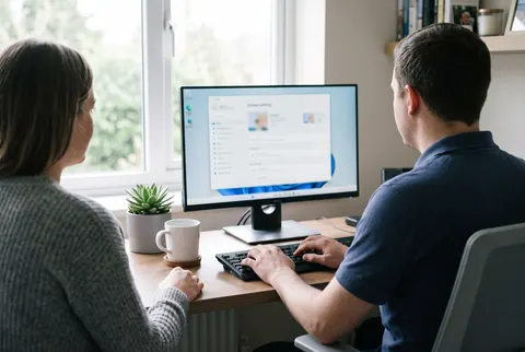 Techniker richtet bei einer Kundin zu Hause den PC am Schreibtisch ein